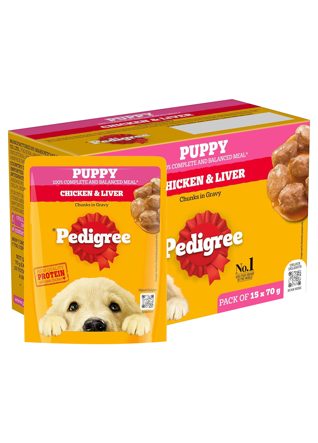 Pedigree Puppy Wet Dog Food, Chicken Chunks in Gravy, 70 g (Pack of 15)
