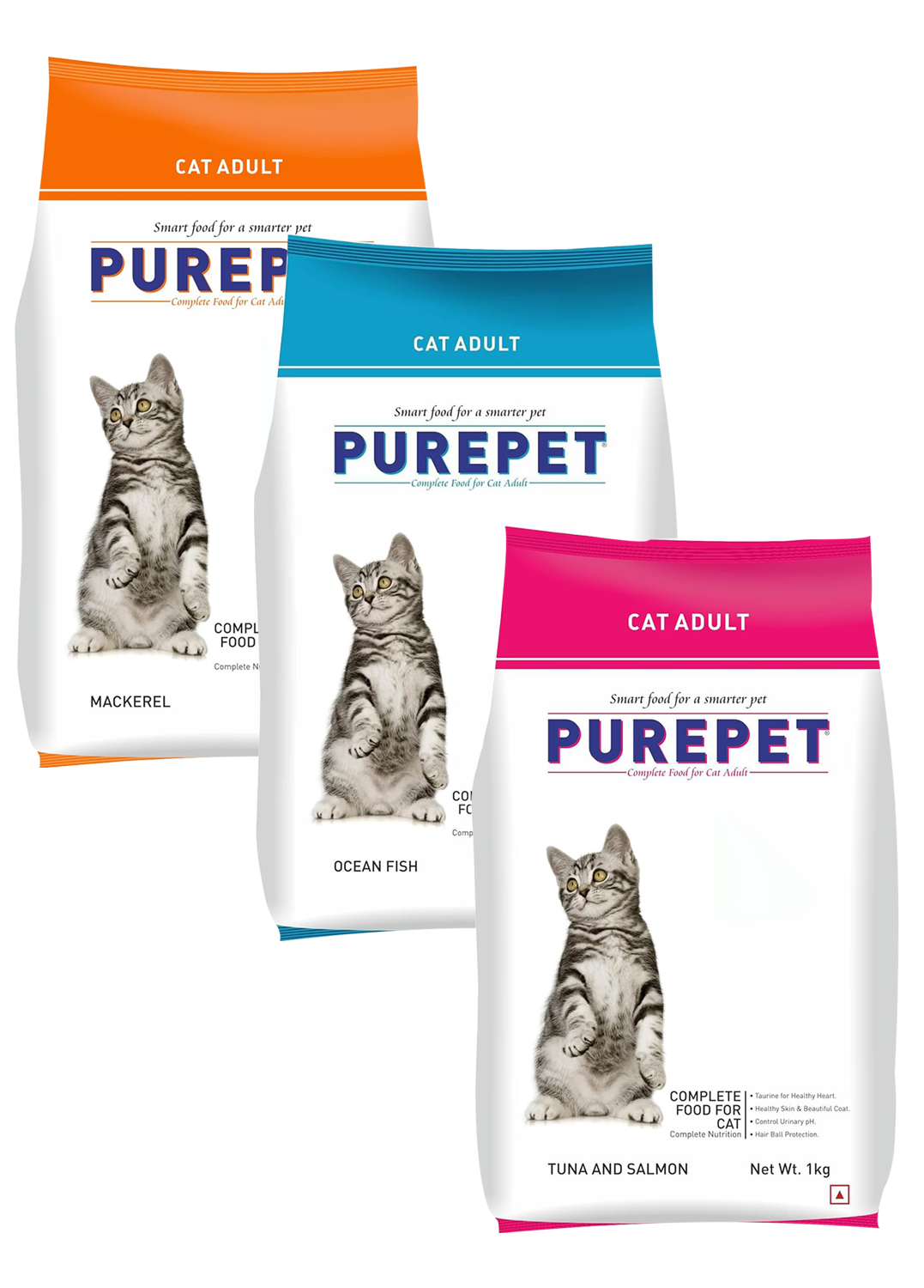 Purepet Mackerel, Ocean Fish, Tuna and Salmon Cat Adult 1kg (Pack of 3)