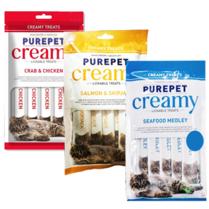 Purepet Creamy Treat – Crab and Chicken, Salmon and Skipjack,  Seafood Medley 75gm