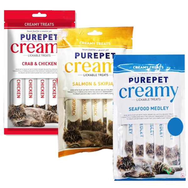 Purepet Creamy Treat – Crab and Chicken, Salmon and Skipjack,  Seafood Medley 75gm