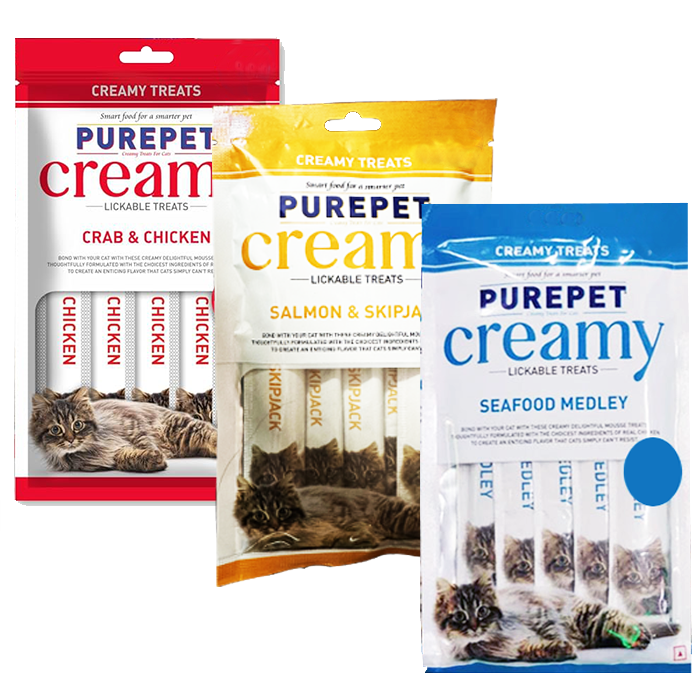 Purepet Creamy Treat - Crab and Chicken, Salmon and Skipjack,  Seafood Medley 75gm