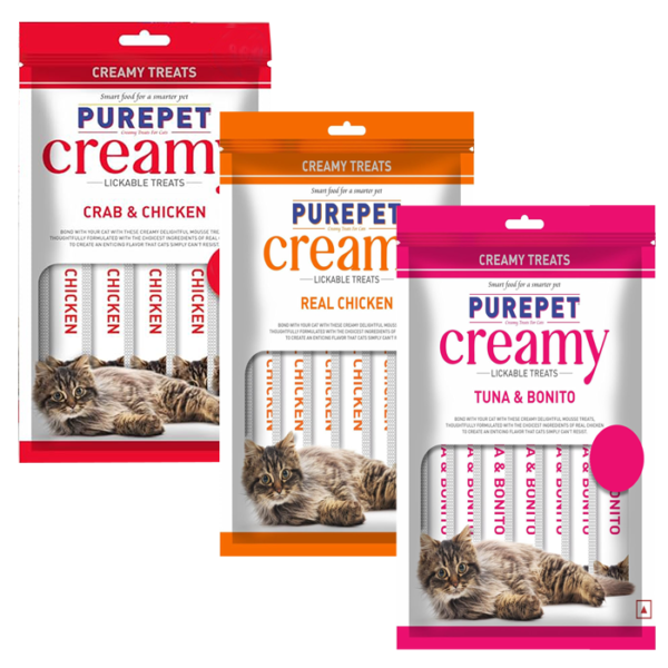 Purepet Creamy Treat – Crab and Chicken, Real Chicken, Tuna and Bonito 75gm
