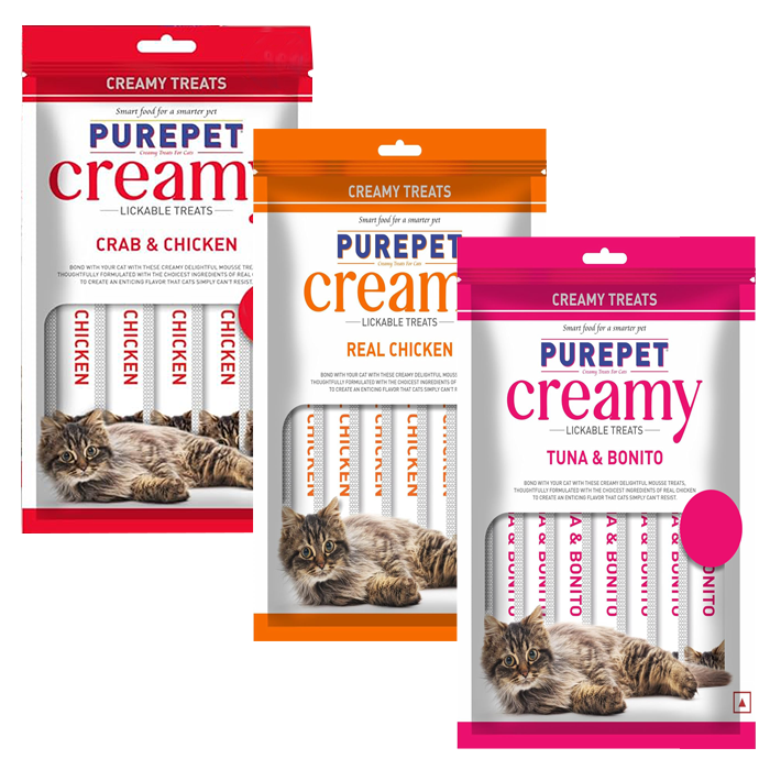Purepet Creamy Treat – Crab and Chicken, Real Chicken, Tuna and Bonito 75gm