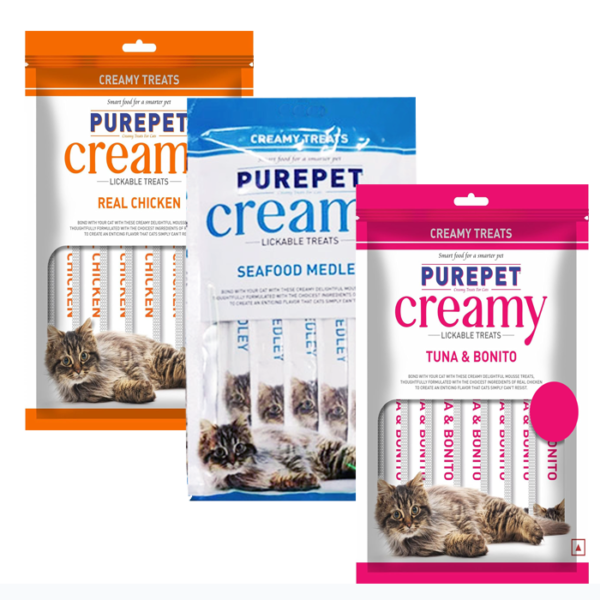 Purepet Creamy Treat – Seafood Medley,Tuna and Bonito, Real Chicken 75gm