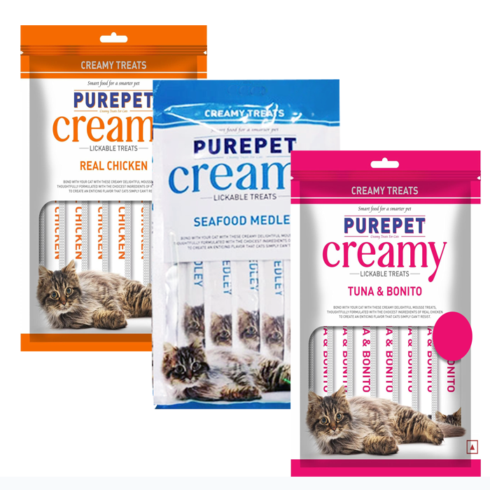 Purepet Creamy Treat – Seafood Medley,Tuna and Bonito, Real Chicken 75gm
