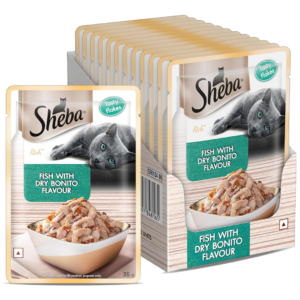 Sheba Premium Wet Cat Food, Fish with Dry Bonito Flake, 12 Pouches (12 x 35g)