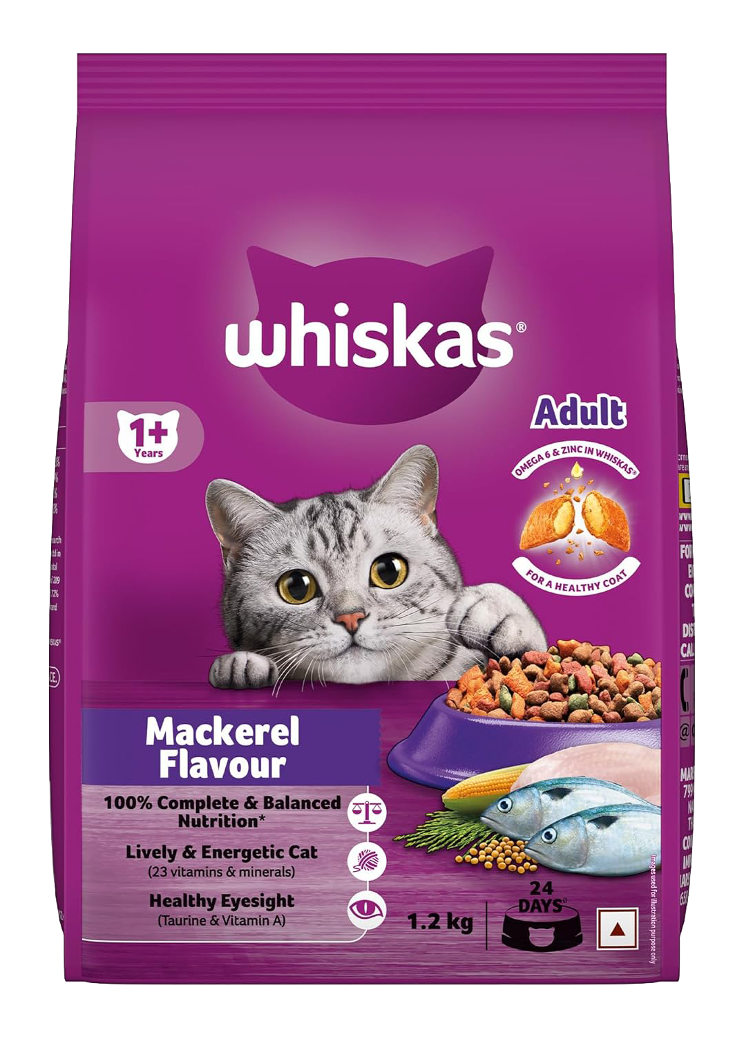 Whiskas Adult (+1 year) Dry Cat Food Food, Mackerel Flavor, 1.2kg Pack