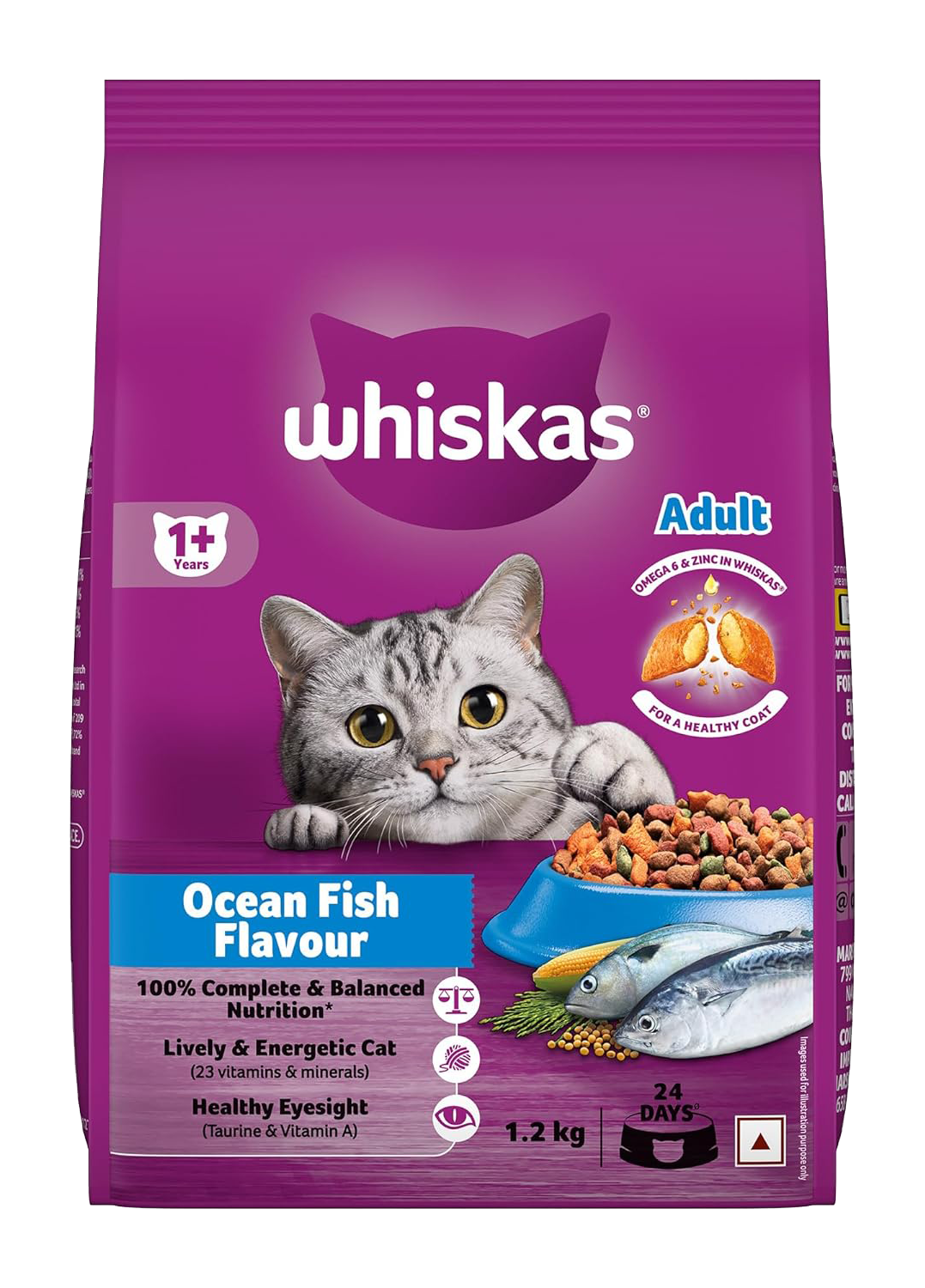 Whiskas Adult (+1 year) Dry Cat Food, Ocean Fish Flavor, 1.2kg Pack