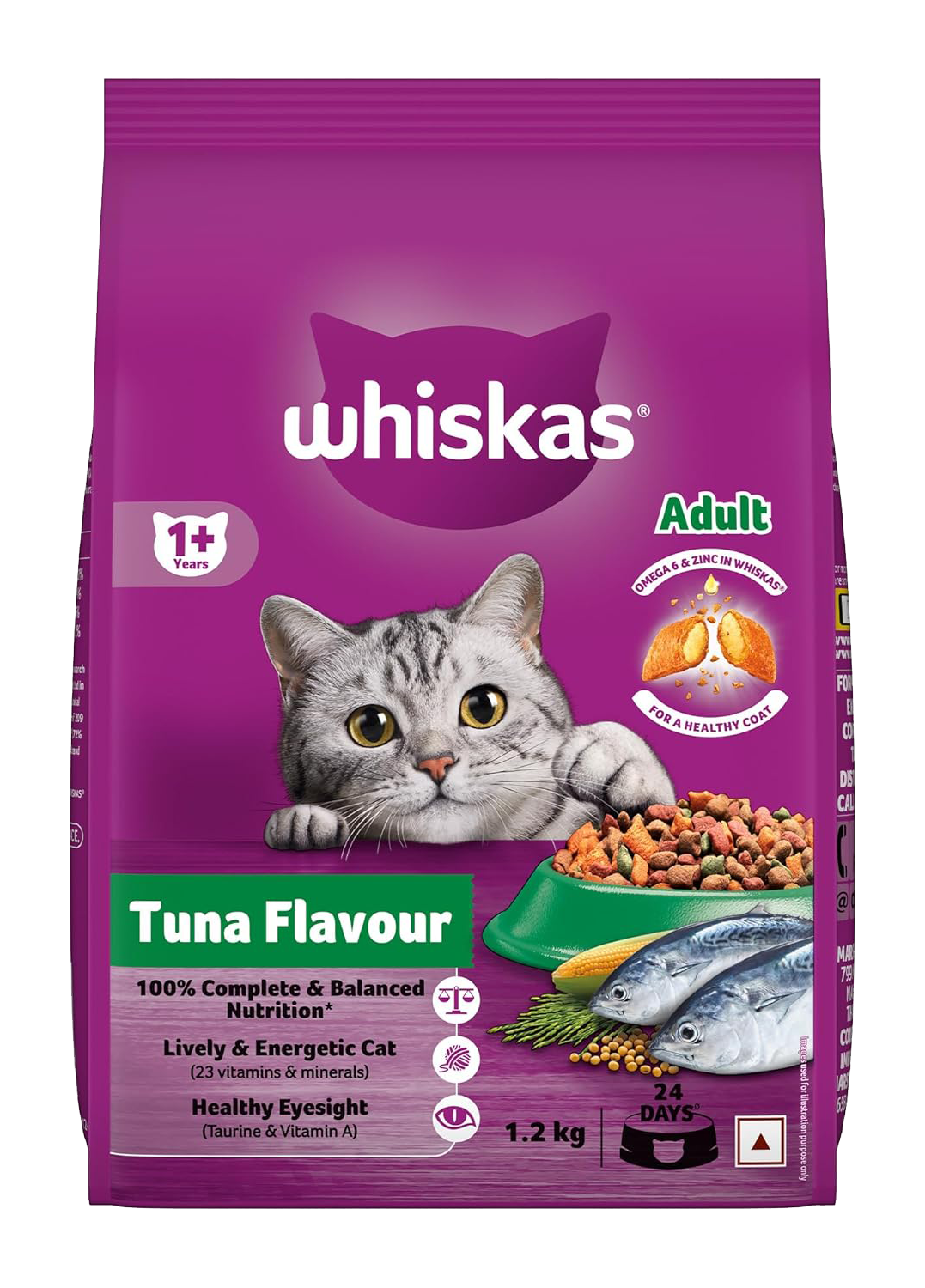 Whiskas Adult (+1 year) Dry Cat Food, Tuna Flavor, 1.2kg Pack