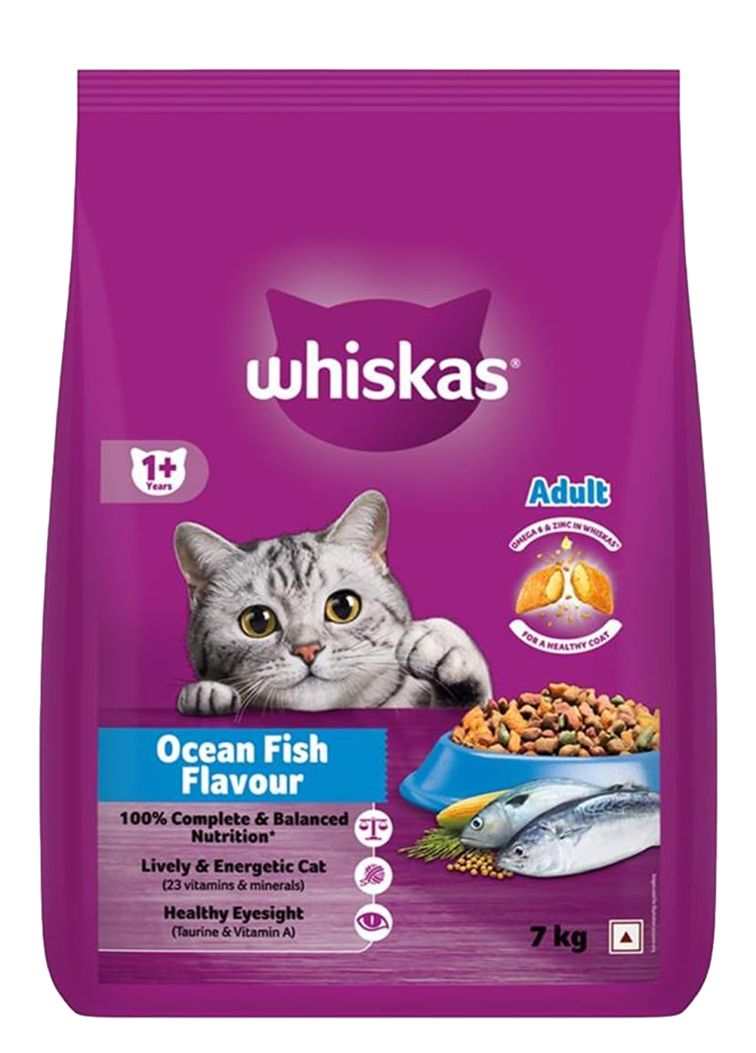 Whiskas Adult (+1 year) Dry Cat Food, Ocean Fish Flavor, 7kg Pack