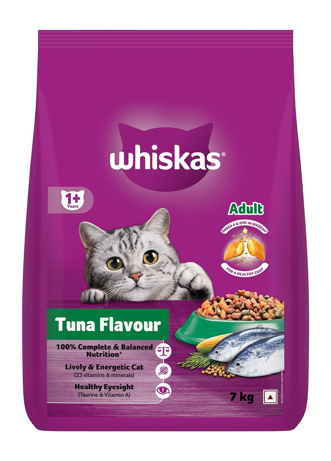Whiskas Adult (+1 year) Dry Cat Food, Tuna Flavor, 7kg Pack