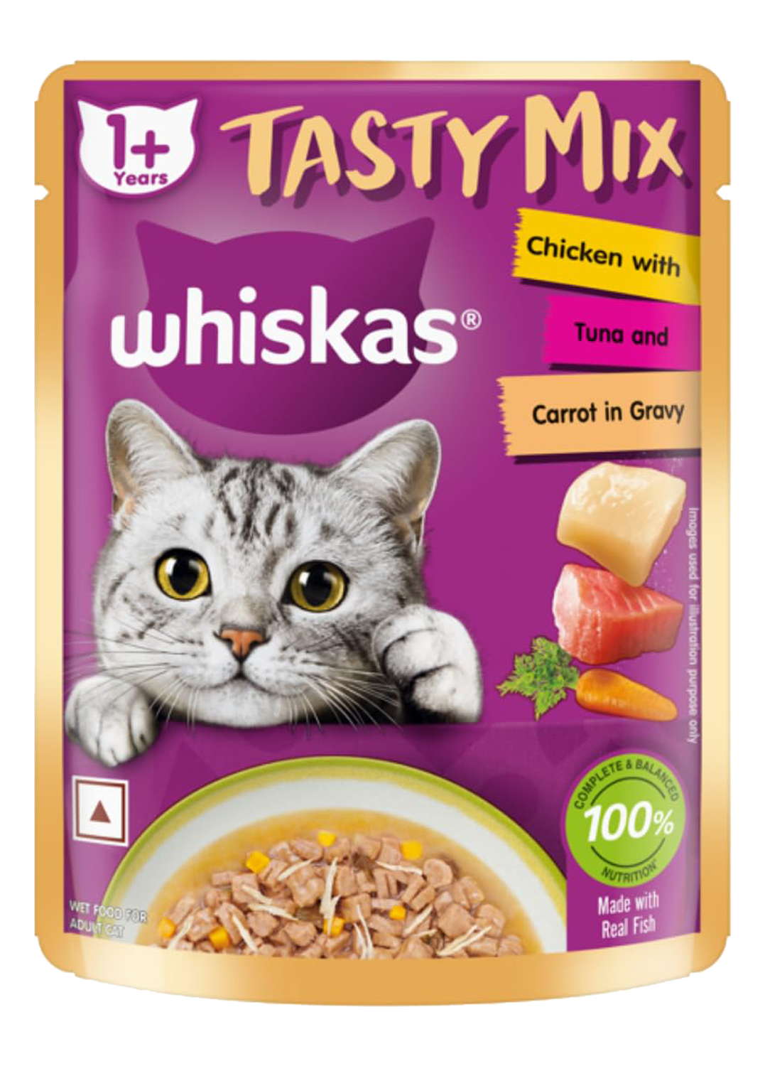 Whiskas Adult (1+ year) Tasty Mix Wet Cat Food Made With Real Fish, Chicken With Tuna And Carrot in Gravy 14 Pouches (14 x 80g)