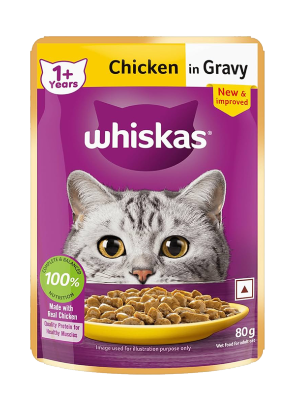 Whiskas Adult (+1 year) Wet Cat Food, Chicken in Gravy, 14 Pouches (14 x 80g)