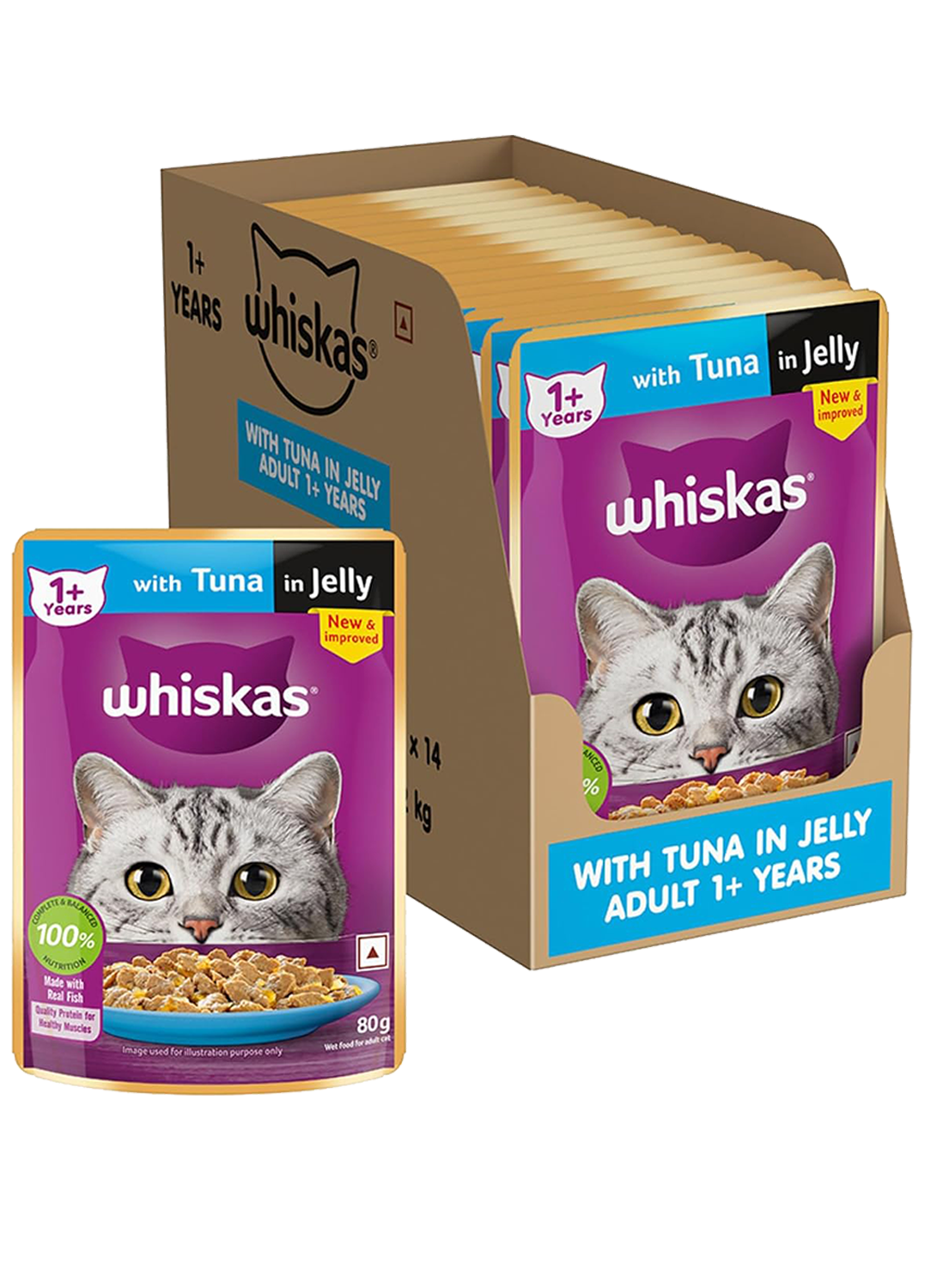 Whiskas Adult (+1 year) Wet Cat Food, Tuna in Jelly, 14 Pouches (14 x 80g)