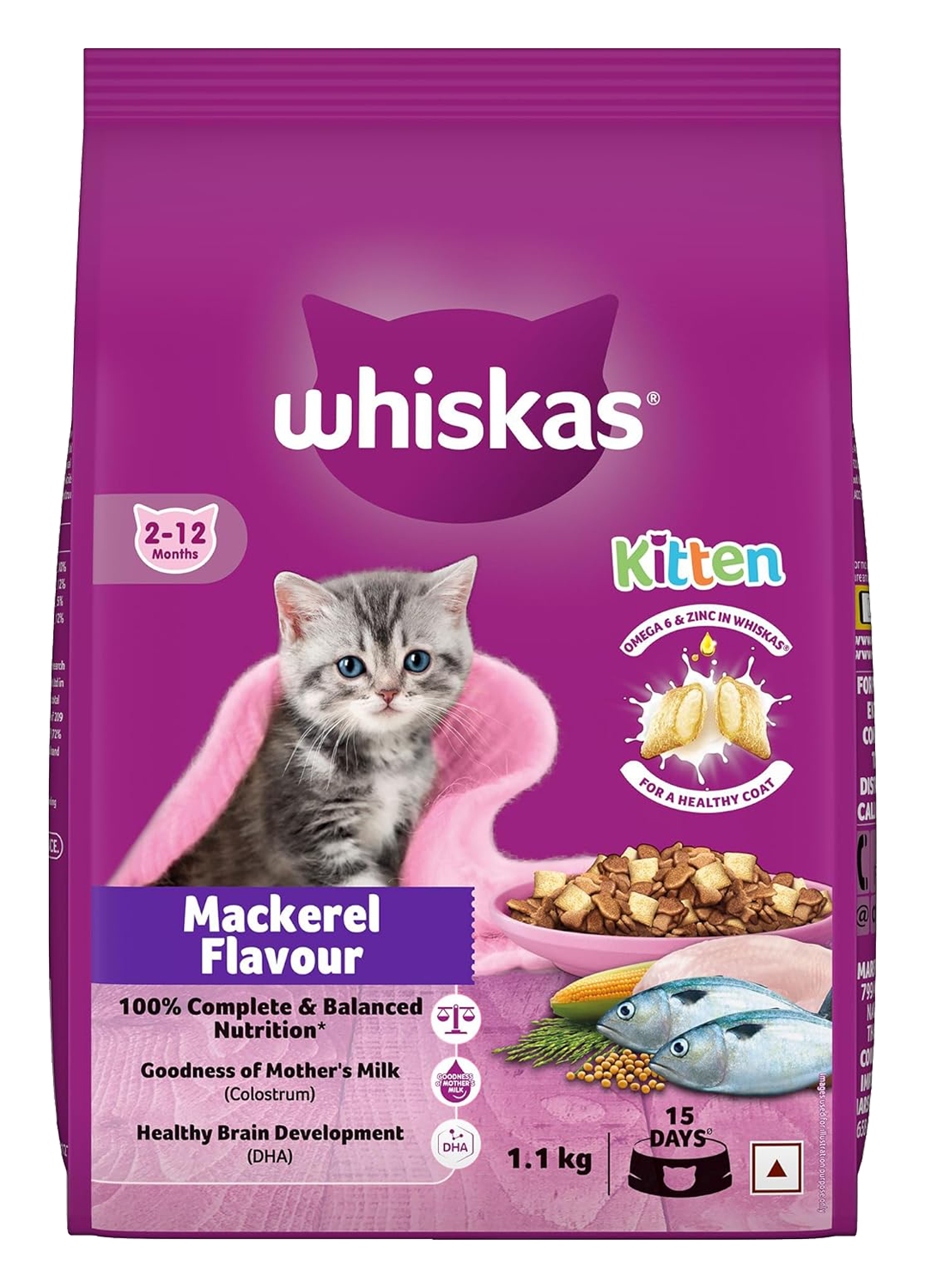Whiskas Kitten (2-12 months) Dry Cat Food Food, Mackerel, 1.1kg Pack