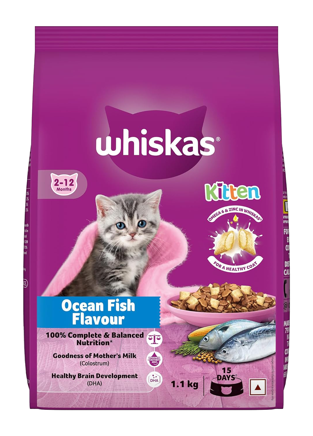 Whiskas Kitten (2-12 months) Dry Cat Food, Ocean Fish, 1.1kg Pack