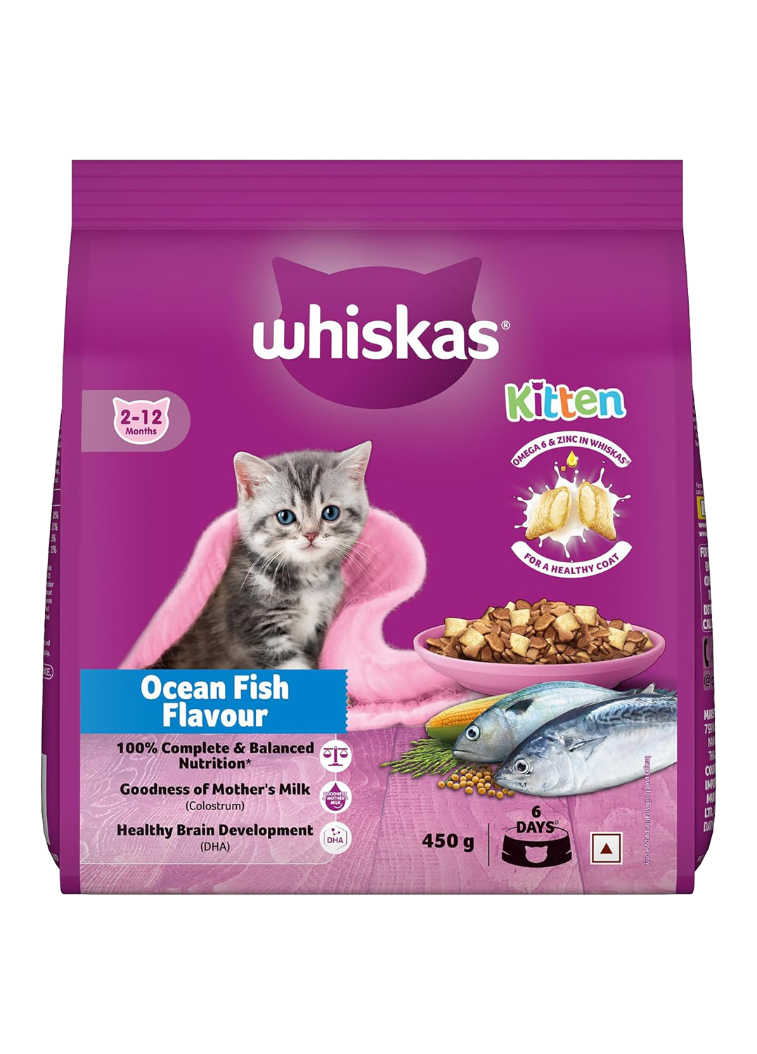Whiskas Kitten (2-12 months) Dry Cat Food, Ocean Fish, 450g Pack