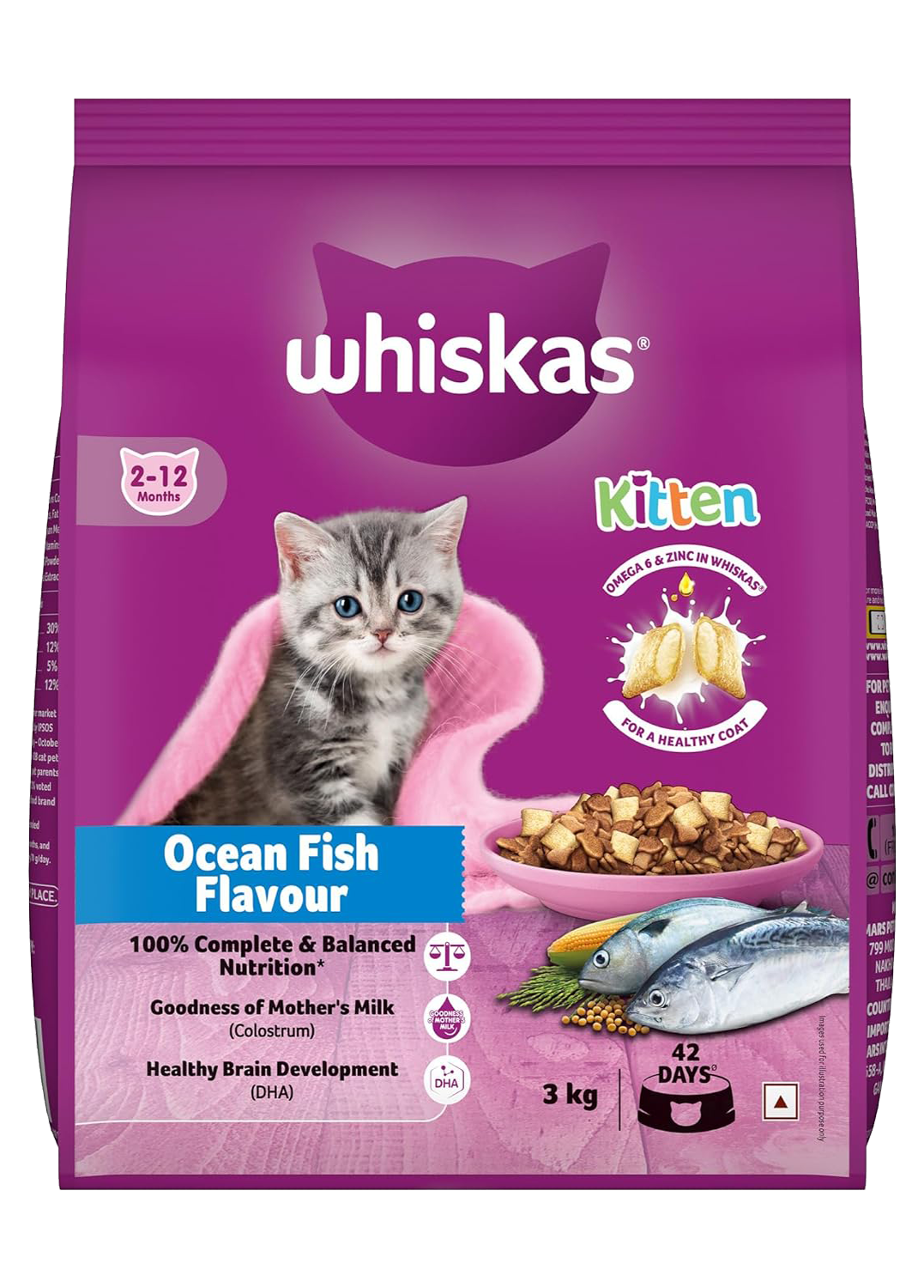 Whiskas Kitten (2-12 months) Dry Cat Food, Ocean Fish Flavor with Milk, 3kg Pack