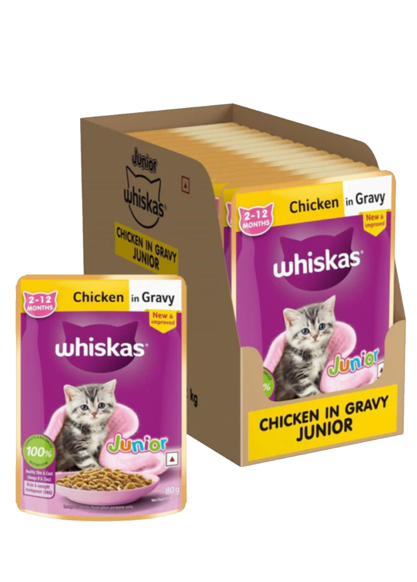 Whiskas Kitten (2-12 months) Wet Cat Food, Chicken in Gravy, 14 Pouches (14 x 80g)