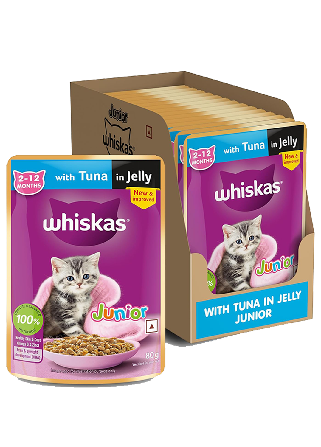 Whiskas Kitten (2-12 months) Wet Cat Food, Tuna in Jelly, 14 Pouches (14 x 80g)
