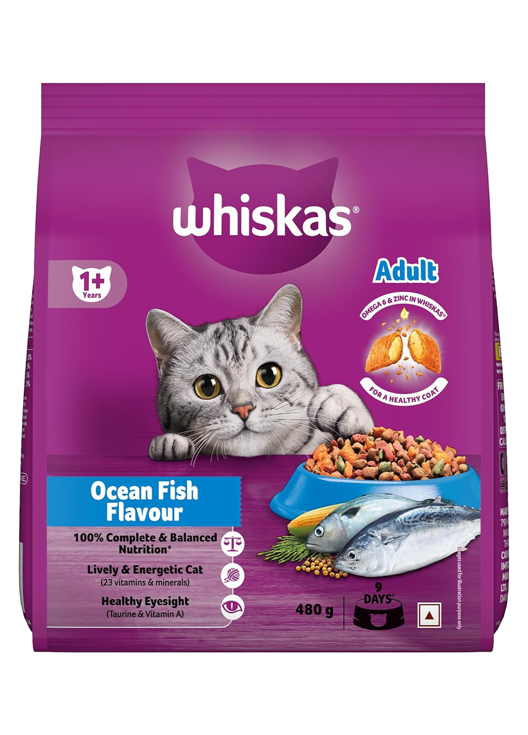 Whiskas Adult (+1 year) Dry Cat Food Food, Tuna Flavor, 480g Pack
