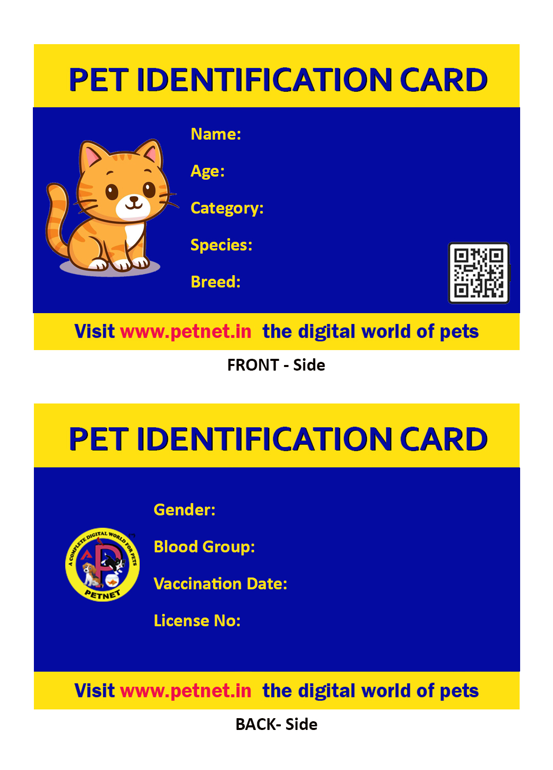 Pet Identification Card - Cat (Blue & Yellow)