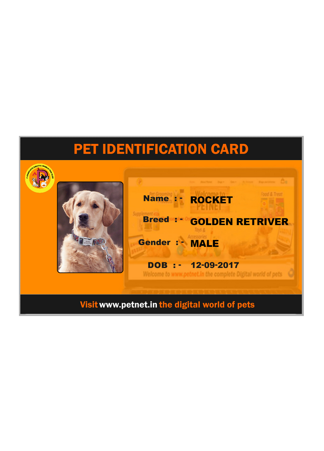 Pet Identification Card - Dog (Orange and Black)