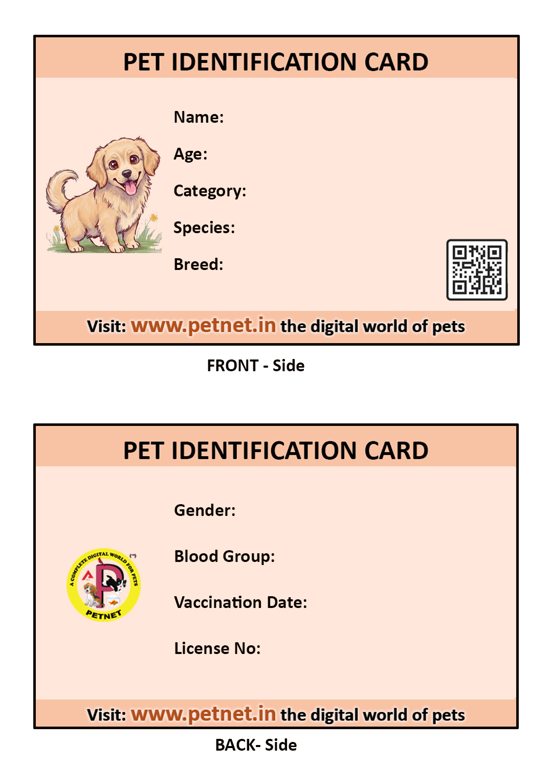 Pet Identification Card - Dog (Peach color)