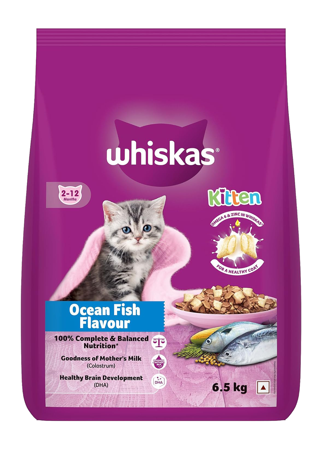 Whiskas Kitten (2-12 months) Dry Cat Food, Ocean Fish Flavour with Milk, 6.5kg